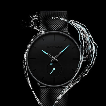 Minimalist All Black Blue Analog Watch Stainless Steel Leather Strap