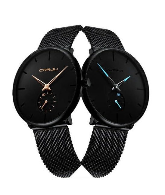 Minimalist All Black Blue Analog Watch Stainless Steel Leather Strap