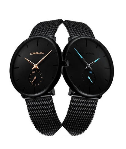 Minimalist All Black Blue Analog Watch Stainless Steel Leather Strap