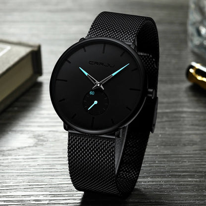 Minimalist All Black Blue Analog Watch Stainless Steel Leather Strap