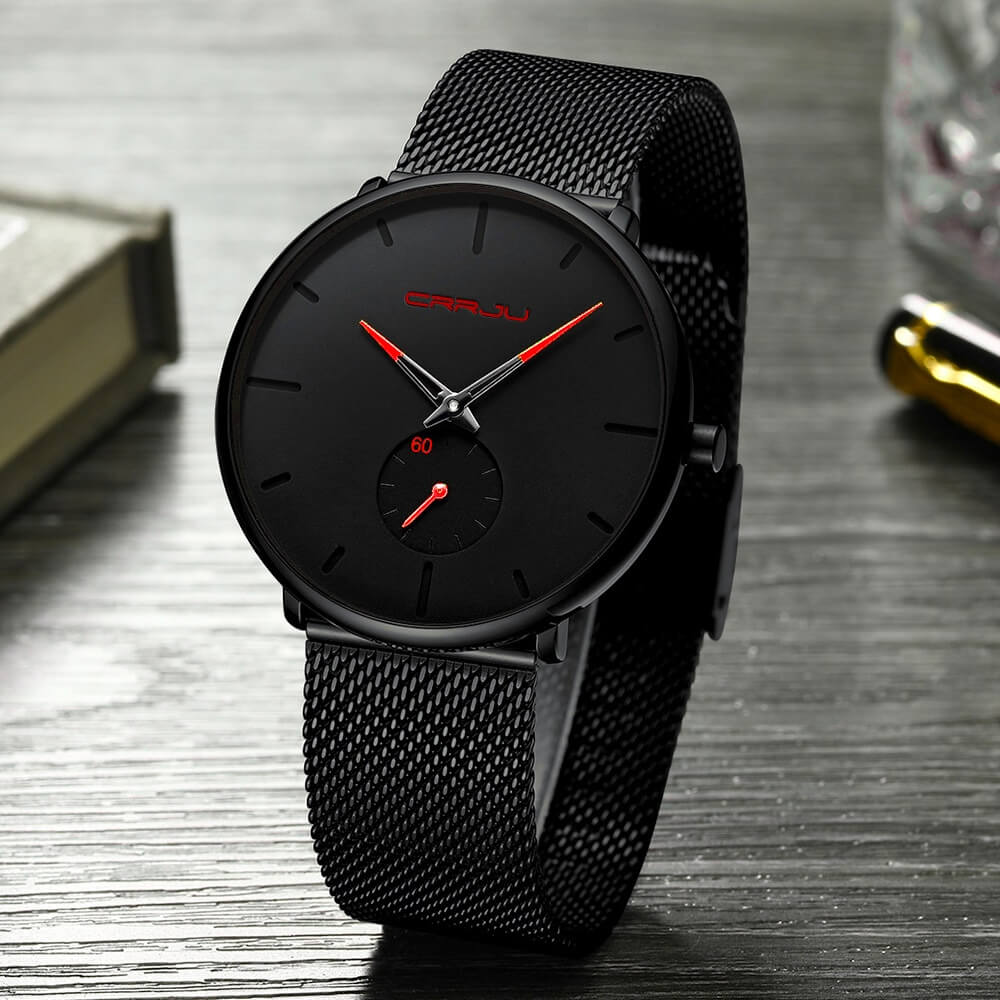 Minimalist All Black Blue Analog Watch Stainless Steel Leather Strap