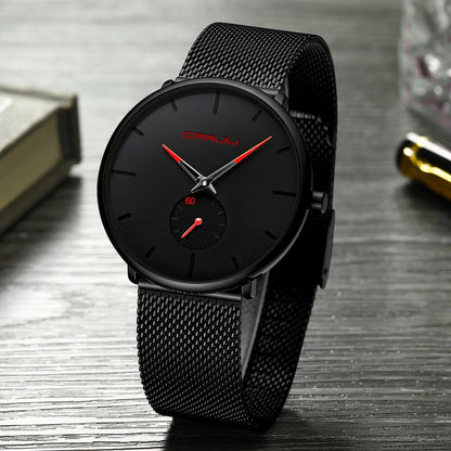 Minimalist All Black Blue Analog Watch Stainless Steel Leather Strap