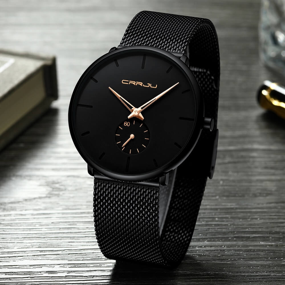 Minimalist All Black Blue Analog Watch Stainless Steel Leather Strap