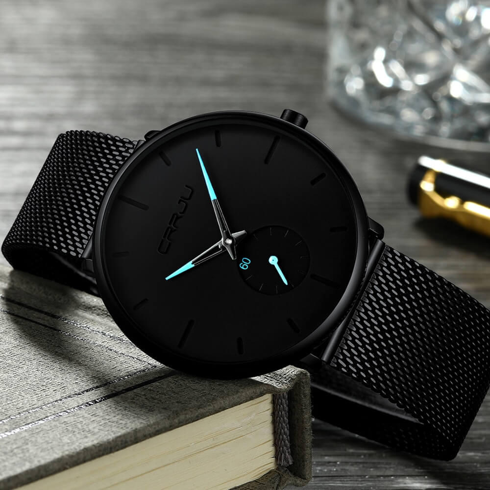 Minimalist All Black Blue Analog Watch Stainless Steel Leather Strap