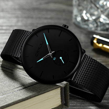 Minimalist All Black Blue Analog Watch Stainless Steel Leather Strap