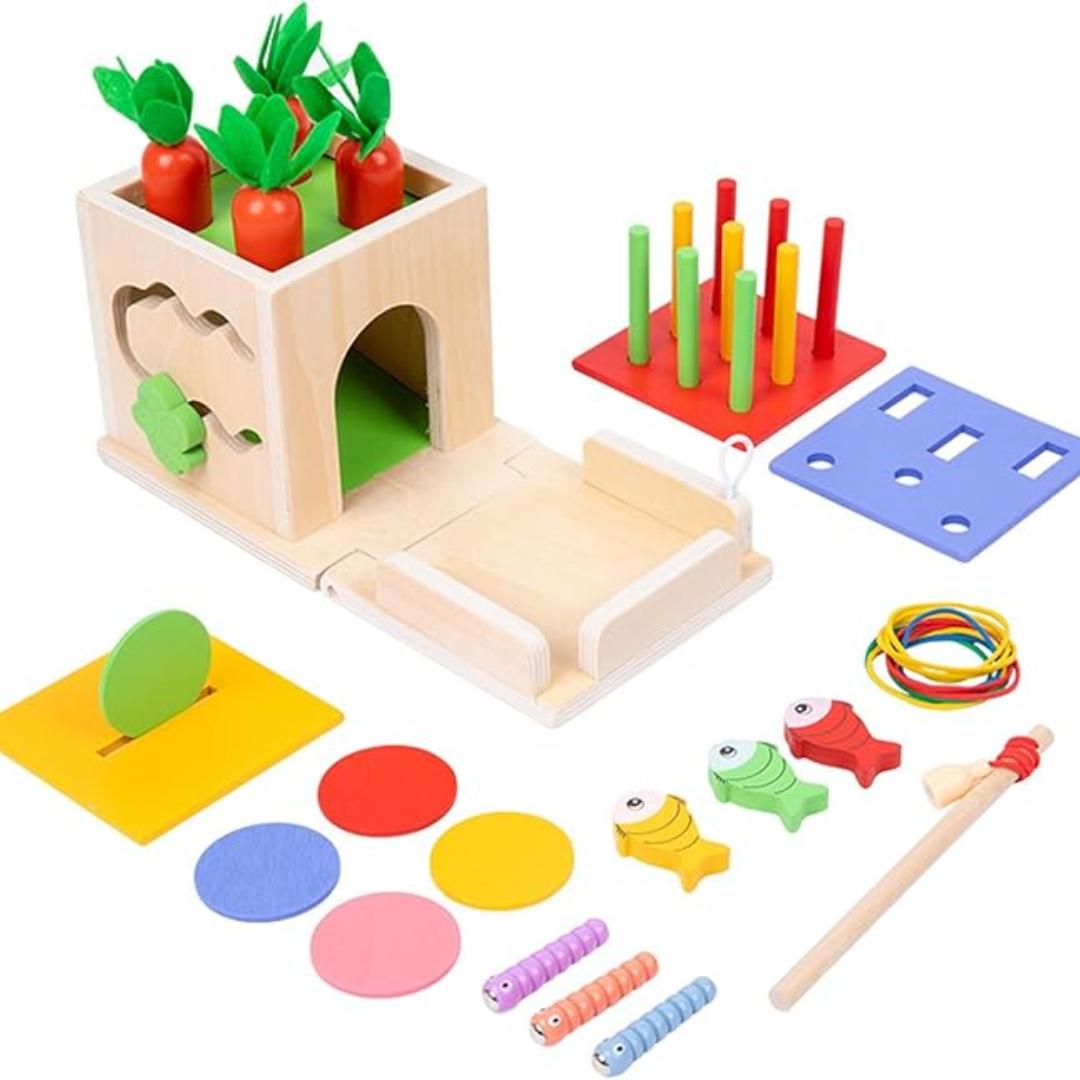 Montessori Toddler Activity Toy Set with Carrot Harvest Game Coin Box Ball Drop and Shape Sorter