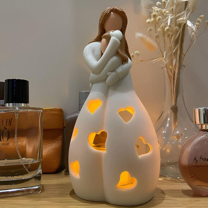 Mother Daughter Statue Candle Holder Decorative Family Love Sculpture with Flickering Candle Light