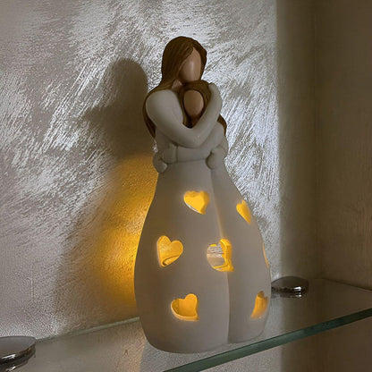 Mother Daughter Statue Candle Holder Decorative Family Love Sculpture with Flickering Candle Light