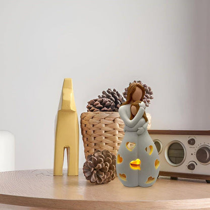 Mother Daughter Statue Candle Holder Decorative Family Love Sculpture with Flickering Candle Light