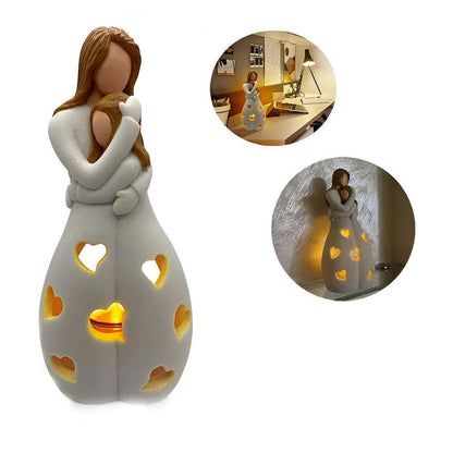 Mother Daughter Statue Candle Holder Decorative Family Love Sculpture with Flickering Candle Light