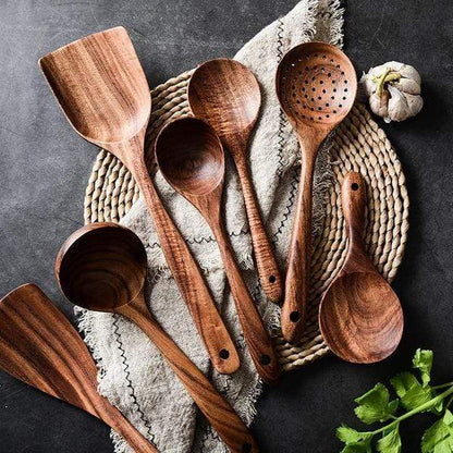 Natural Teak Wooden Kitchen Utensil Set for Non Stick Cookware