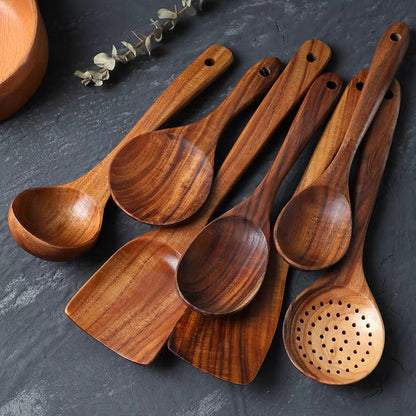 Natural Teak Wooden Kitchen Utensil Set for Non Stick Cookware