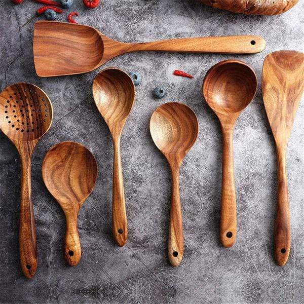 Natural Teak Wooden Kitchen Utensil Set for Non Stick Cookware