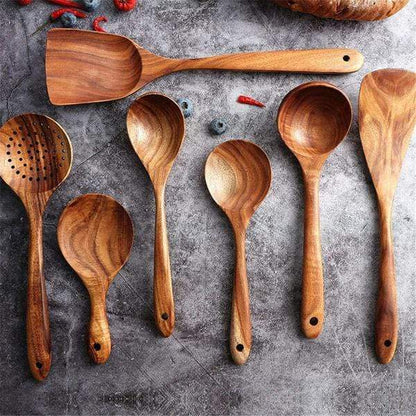 Natural Teak Wooden Kitchen Utensil Set for Non Stick Cookware