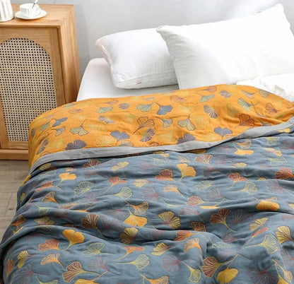 Plaid reversibile con foglie di ginkgo ispirato alla natura per la casa