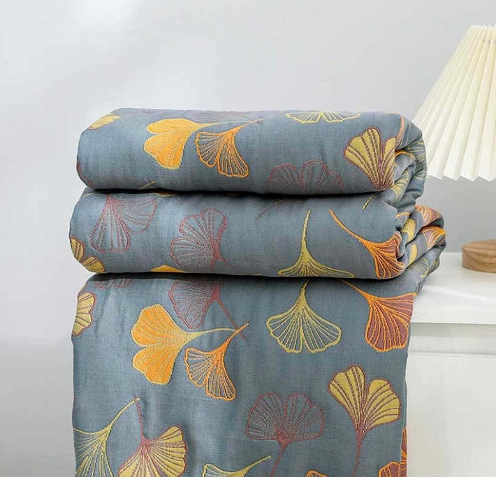 Plaid reversibile con foglie di ginkgo ispirato alla natura per la casa