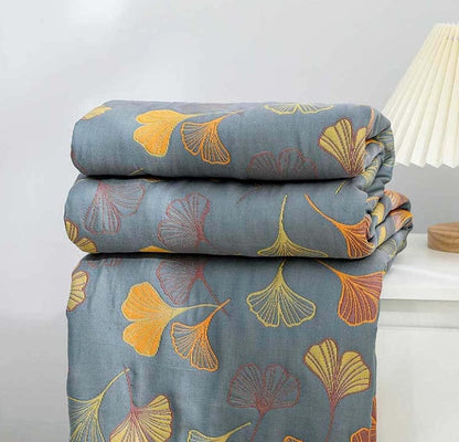 Plaid reversibile con foglie di ginkgo ispirato alla natura per la casa