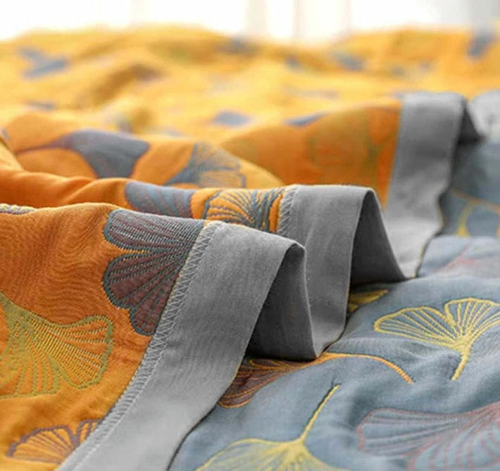 Plaid reversibile con foglie di ginkgo ispirato alla natura per la casa