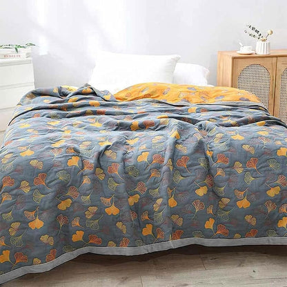 Plaid reversibile con foglie di ginkgo ispirato alla natura per la casa