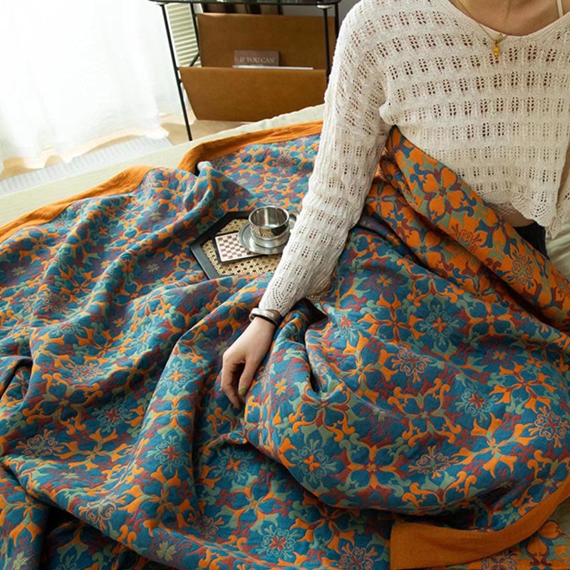 Orange & Blue Six Layer Cotton Quilt Orange Blue Ethnic Pattern Bedding Duvet