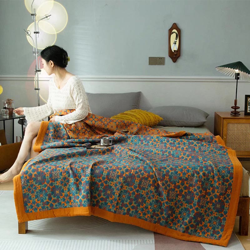 Orange & Blue Six Layer Cotton Quilt Orange Blue Ethnic Pattern Bedding Duvet