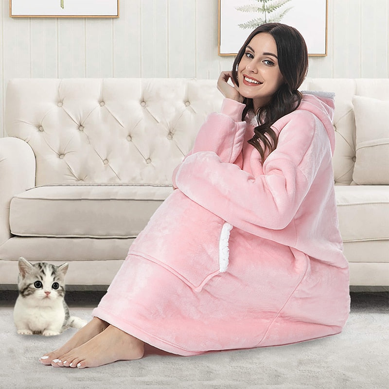 Oversized Hoodie Blanket Long Sleeve Warm Plush With Pockets