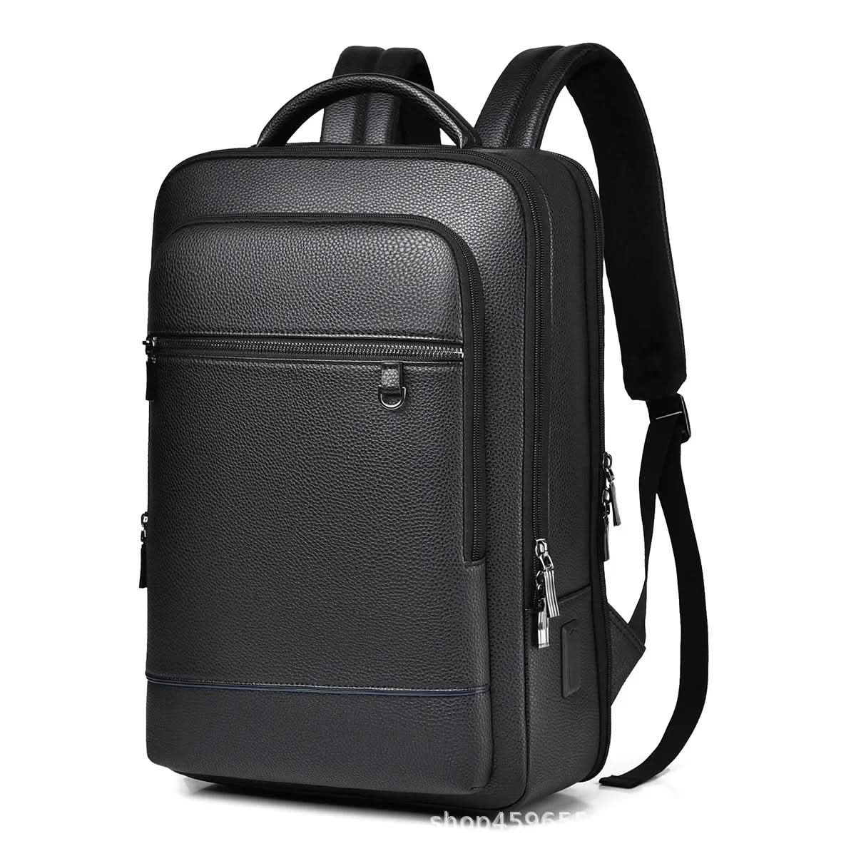 PU Leather Laptop Backpack USB Charging Travel Work Daily Carry 15.6 Inch Black