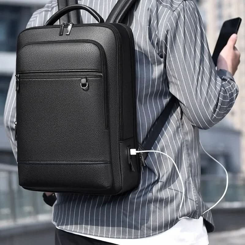 PU Leather Laptop Backpack USB Charging Travel Work Daily Carry 15.6 Inch Black