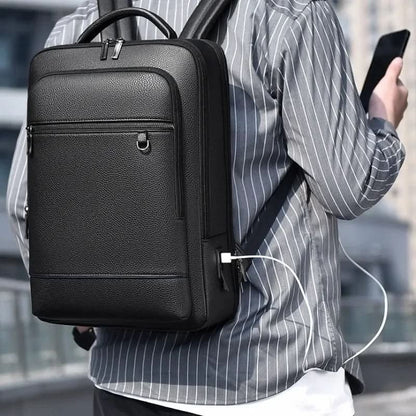 PU Leather Laptop Backpack USB Charging Travel Work Daily Carry 15.6 Inch Black