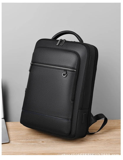 PU Leather Laptop Backpack USB Charging Travel Work Daily Carry 15.6 Inch Black