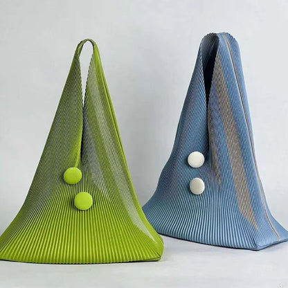 Pleated Tote Bag Triangle Shape Spacious Interior Button Closure