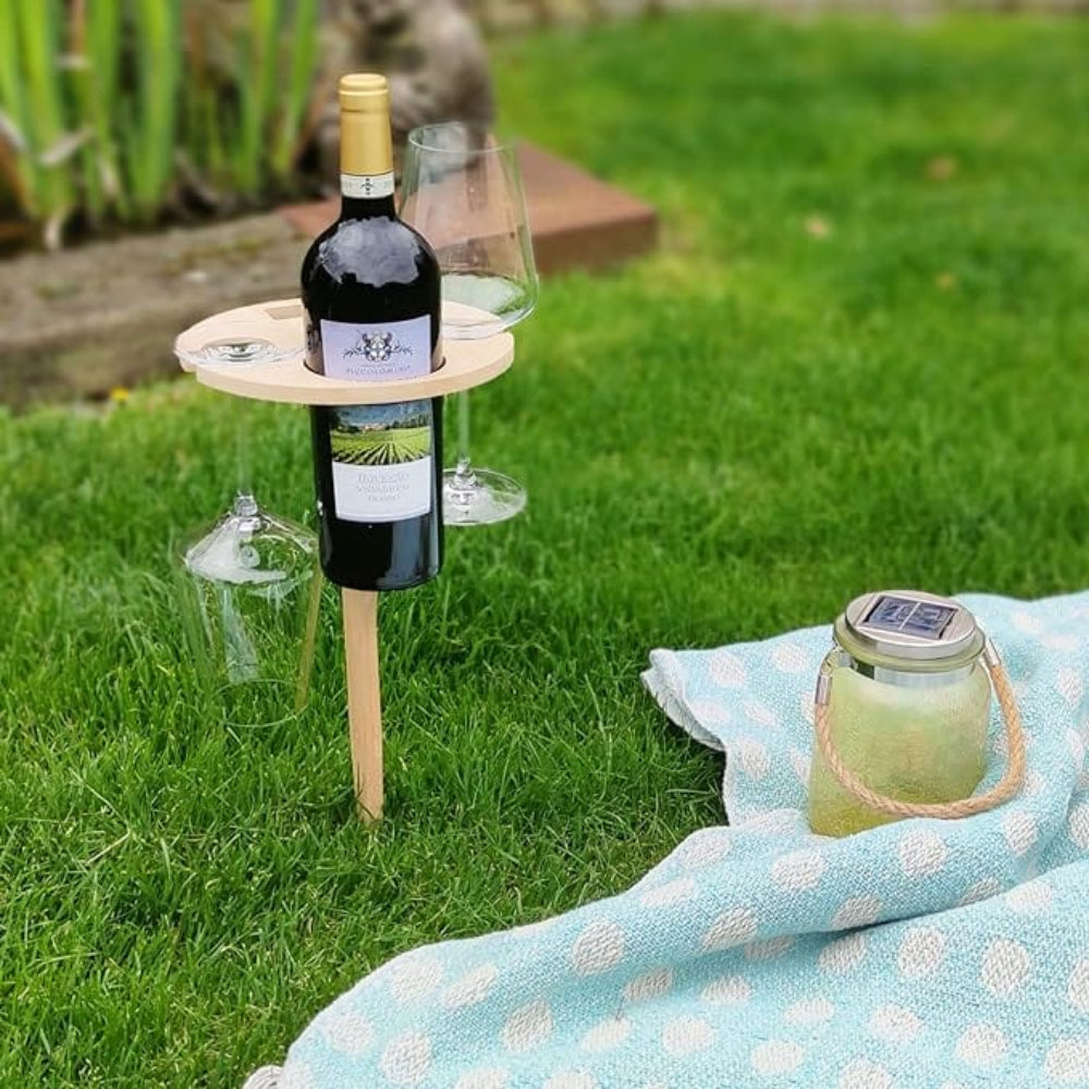 Tavolino portatile pieghevole in legno per picnic e vino con portabottiglie e portabicchieri