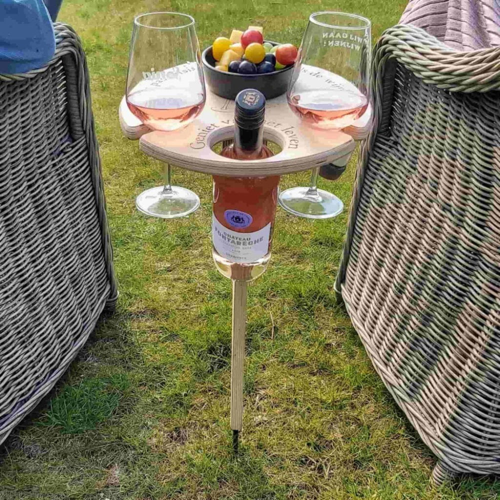 Tavolino portatile pieghevole in legno per picnic e vino con portabottiglie e portabicchieri