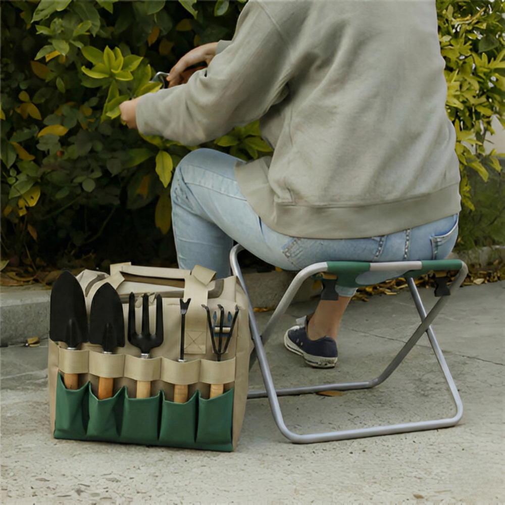 Sgabello da giardino pieghevole portatile con set di 6 attrezzi