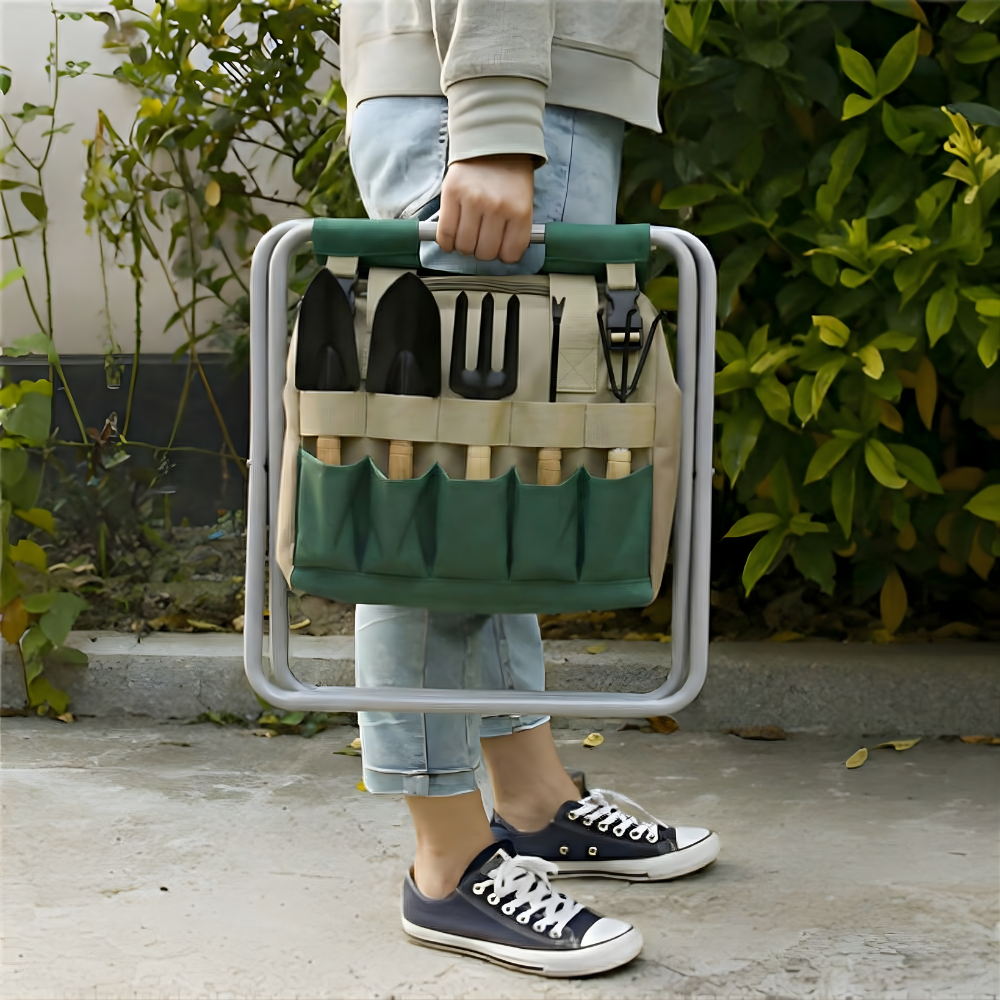 Sgabello da giardino pieghevole portatile con set di 6 attrezzi