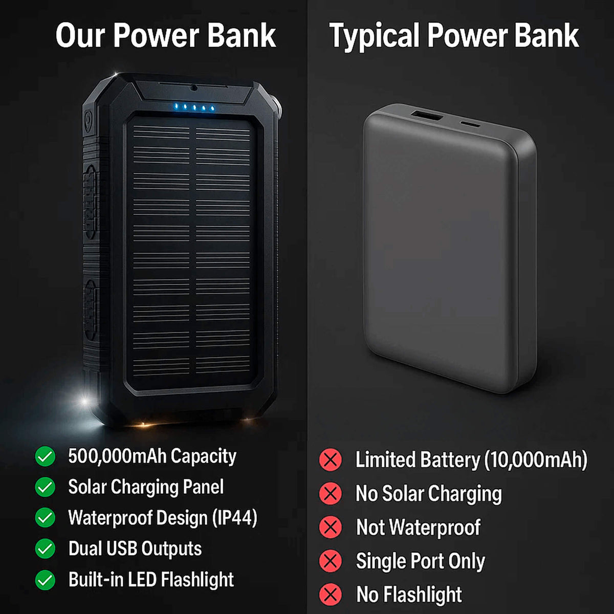 Power bank solare portatile da 20000mAh, doppio caricatore USB, batteria di riserva per esterni
