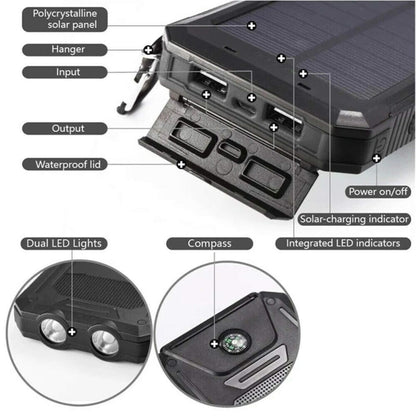 Power bank solare portatile da 20000mAh, doppio caricatore USB, batteria di riserva per esterni