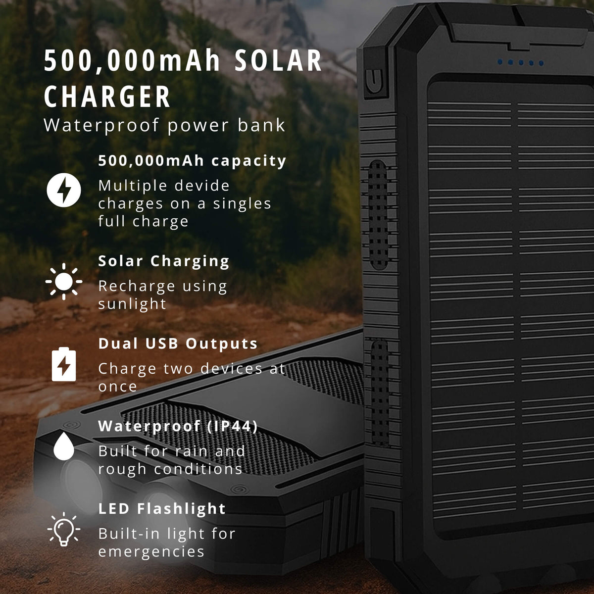Power bank solare portatile da 20000mAh, doppio caricatore USB, batteria di riserva per esterni