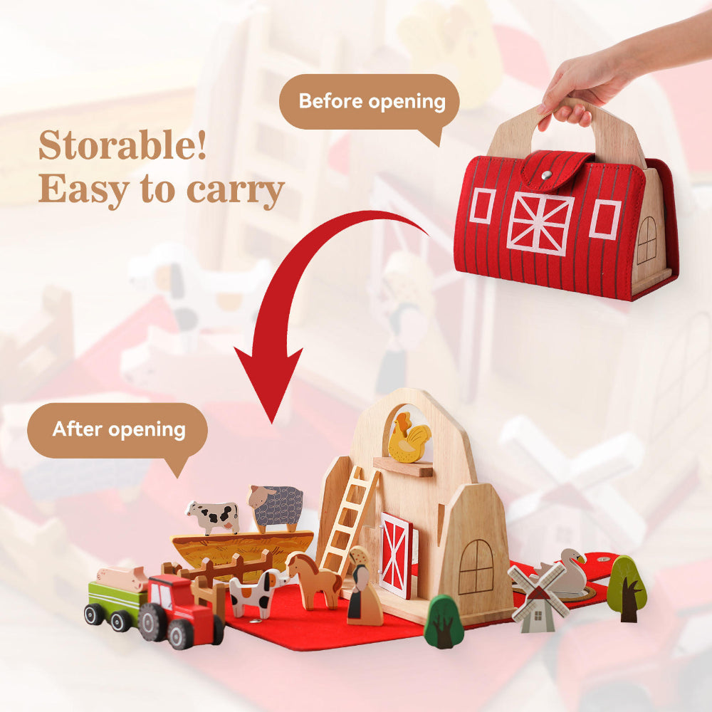 Portable Wooden Farm Animal Playset with Barn Case