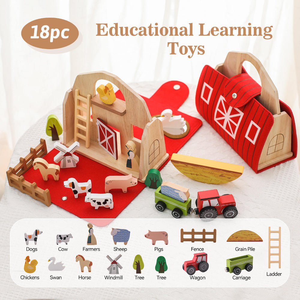 Portable Wooden Farm Animal Playset with Barn Case
