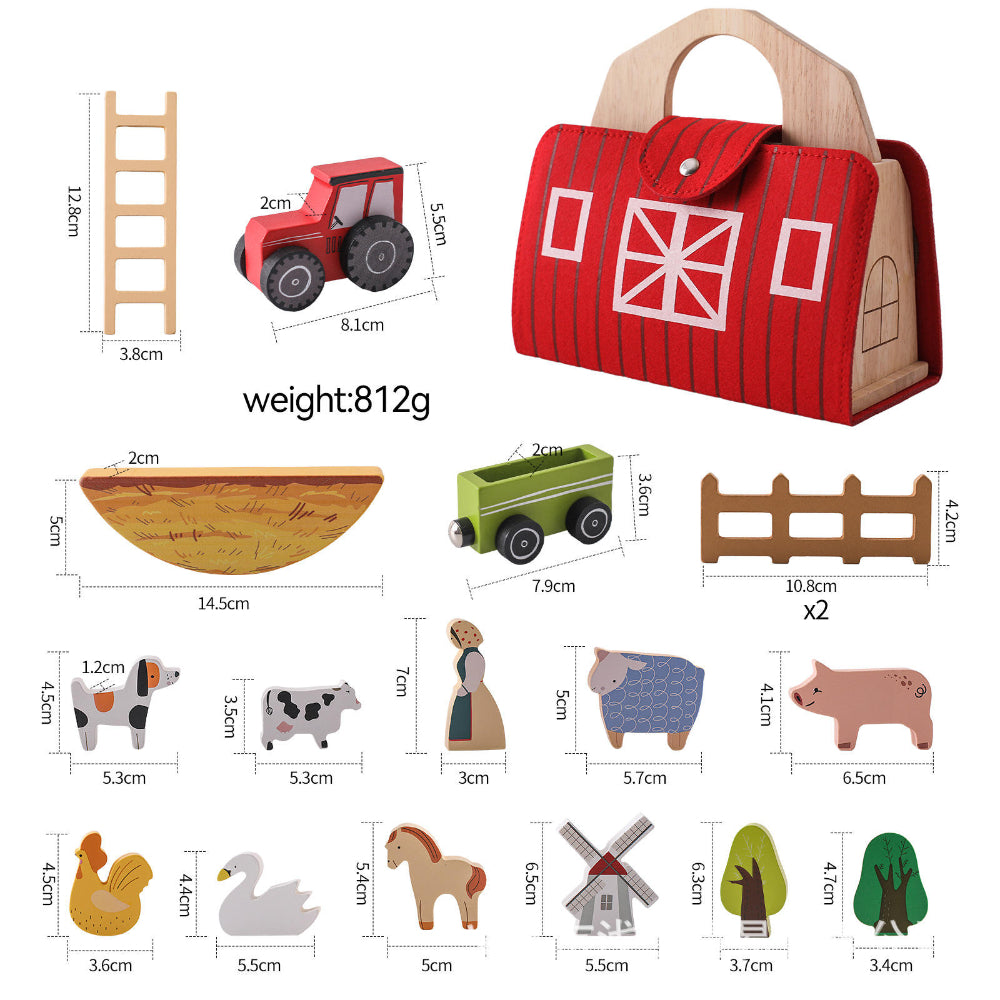 Portable Wooden Farm Animal Playset with Barn Case