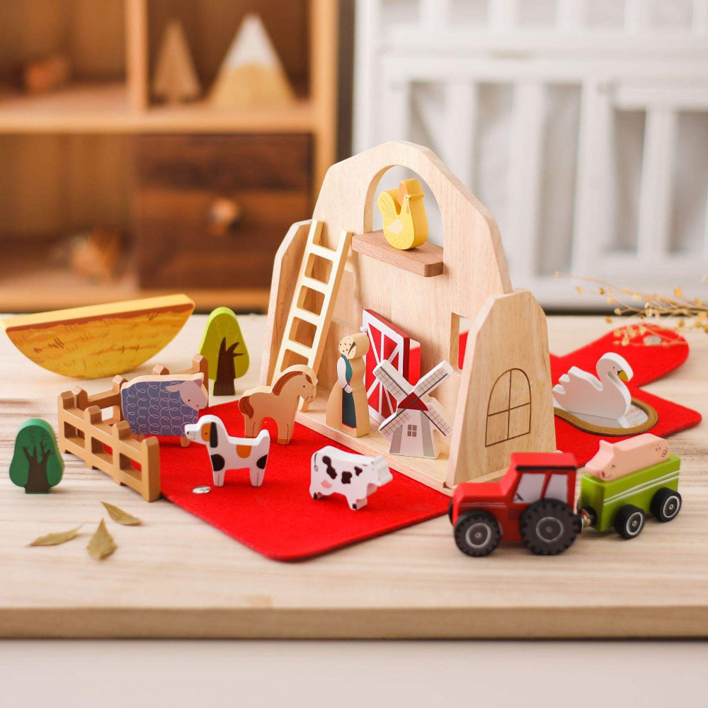 Portable Wooden Farm Animal Playset with Barn Case