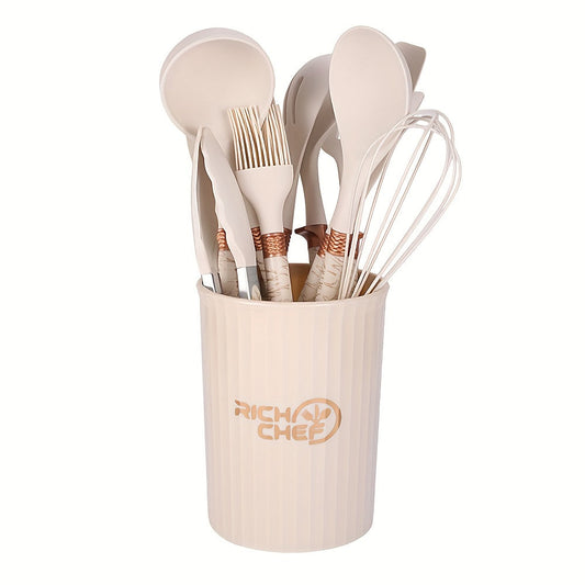 Premium Silicone Kitchen Utensil Set with Wooden Handles Non-Stick Heat Resistant