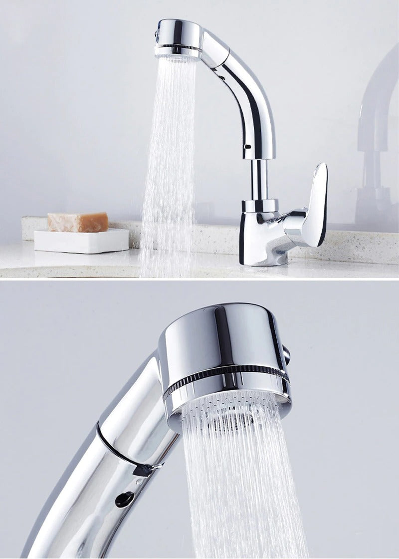 Pull Out Bathroom Faucet Brass Mixer Tap Adjustable Spray Modern Sink Fixture