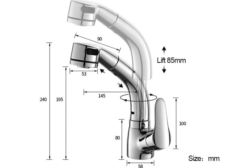 Pull Out Bathroom Faucet Brass Mixer Tap Adjustable Spray Modern Sink Fixture