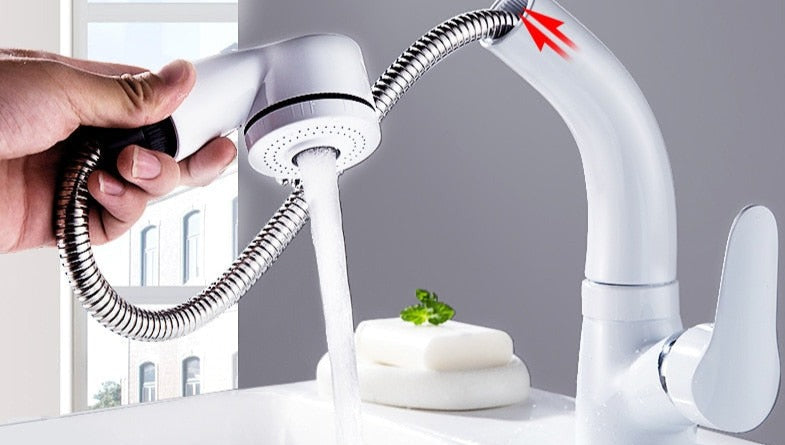 Pull Out Bathroom Faucet Brass Mixer Tap Adjustable Spray Modern Sink Fixture