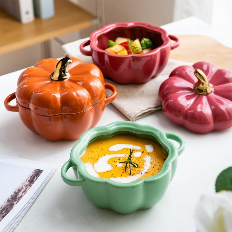 Pumpkin Shaped Ceramic Baking Dish With Lid Decorative Oven Safe Casserole
