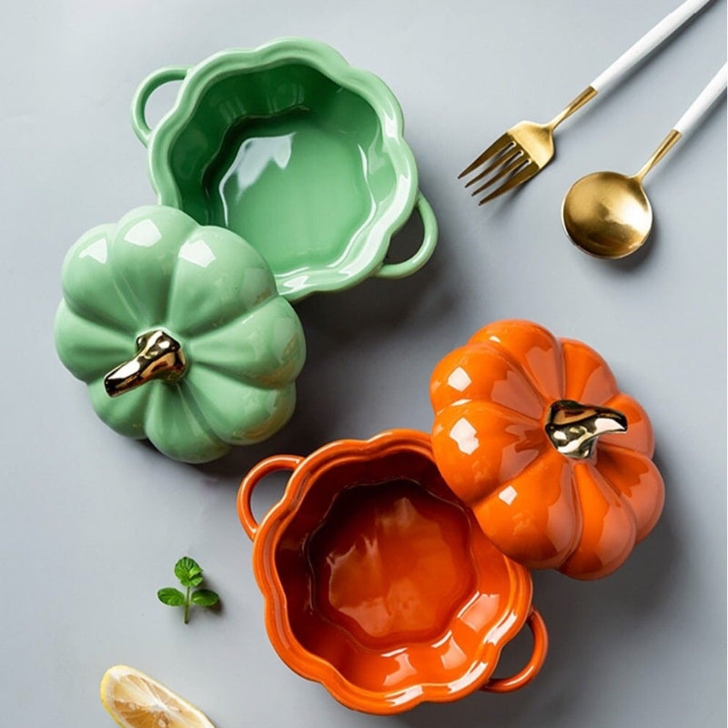 Pumpkin Shaped Ceramic Baking Dish With Lid Decorative Oven Safe Casserole