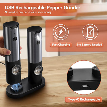 Rechargeable Electric Salt Pepper Grinder Stainless Steel One Touch