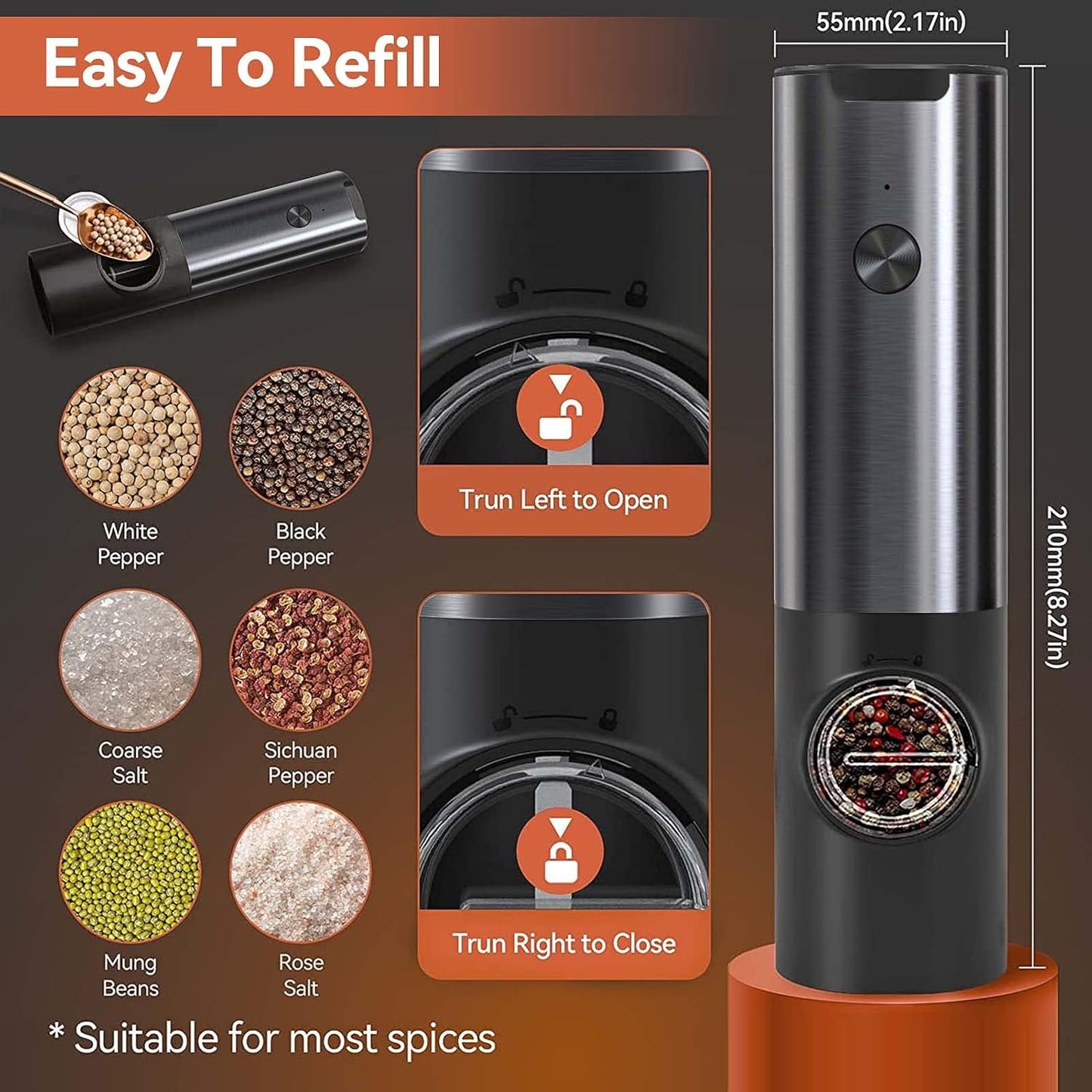 Rechargeable Electric Salt Pepper Grinder Stainless Steel One Touch